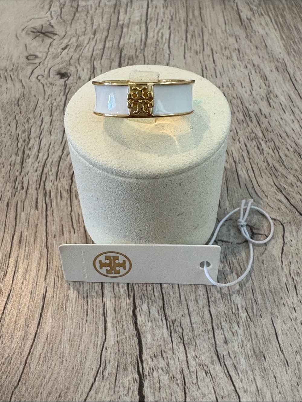 Tory Burch Gold-Tone with White Enamel Logo Ring